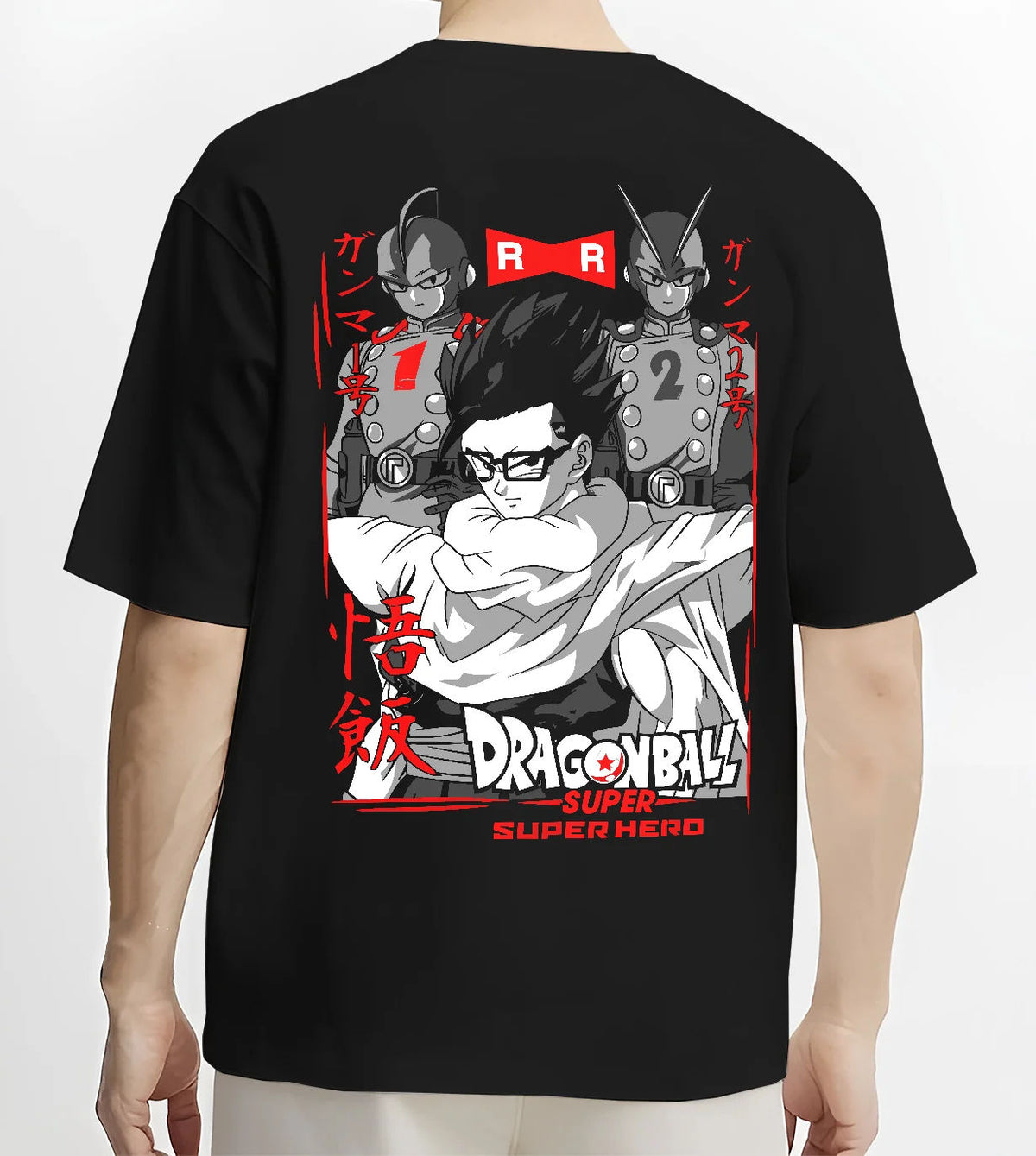 Black T-shirt model back view with Son Gohan / Dragon Ball Z and Super montage illustrated back graphic