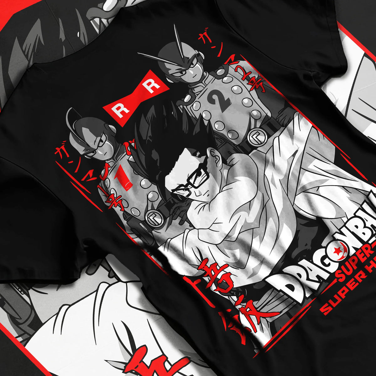 Black T-shirt flat back view with Son Gohan / Dragon Ball Z and Super montage illustrated back graphic