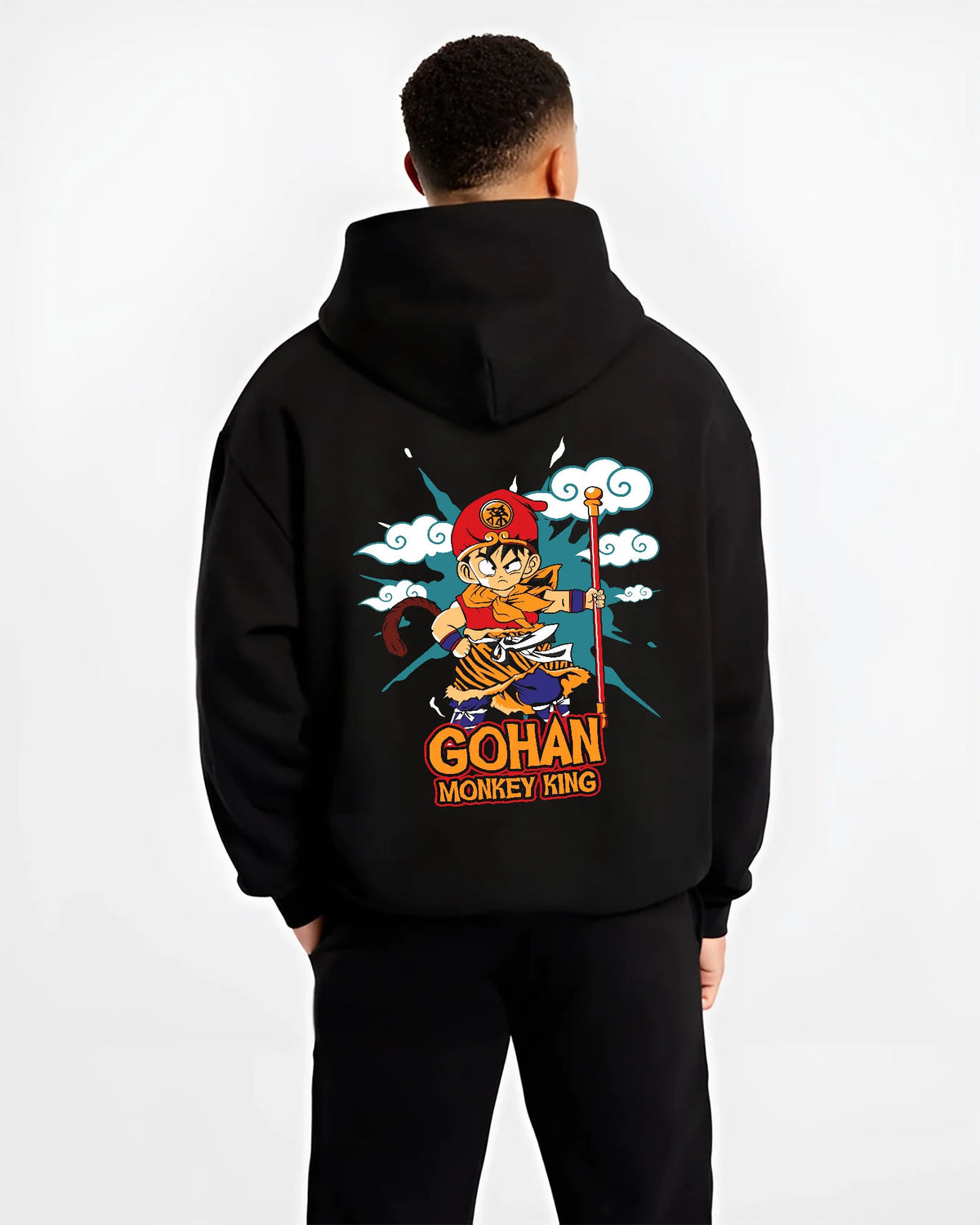 Black hoodie model back view showing Young Gohan from Dragon Ball: Monkey King staff parody