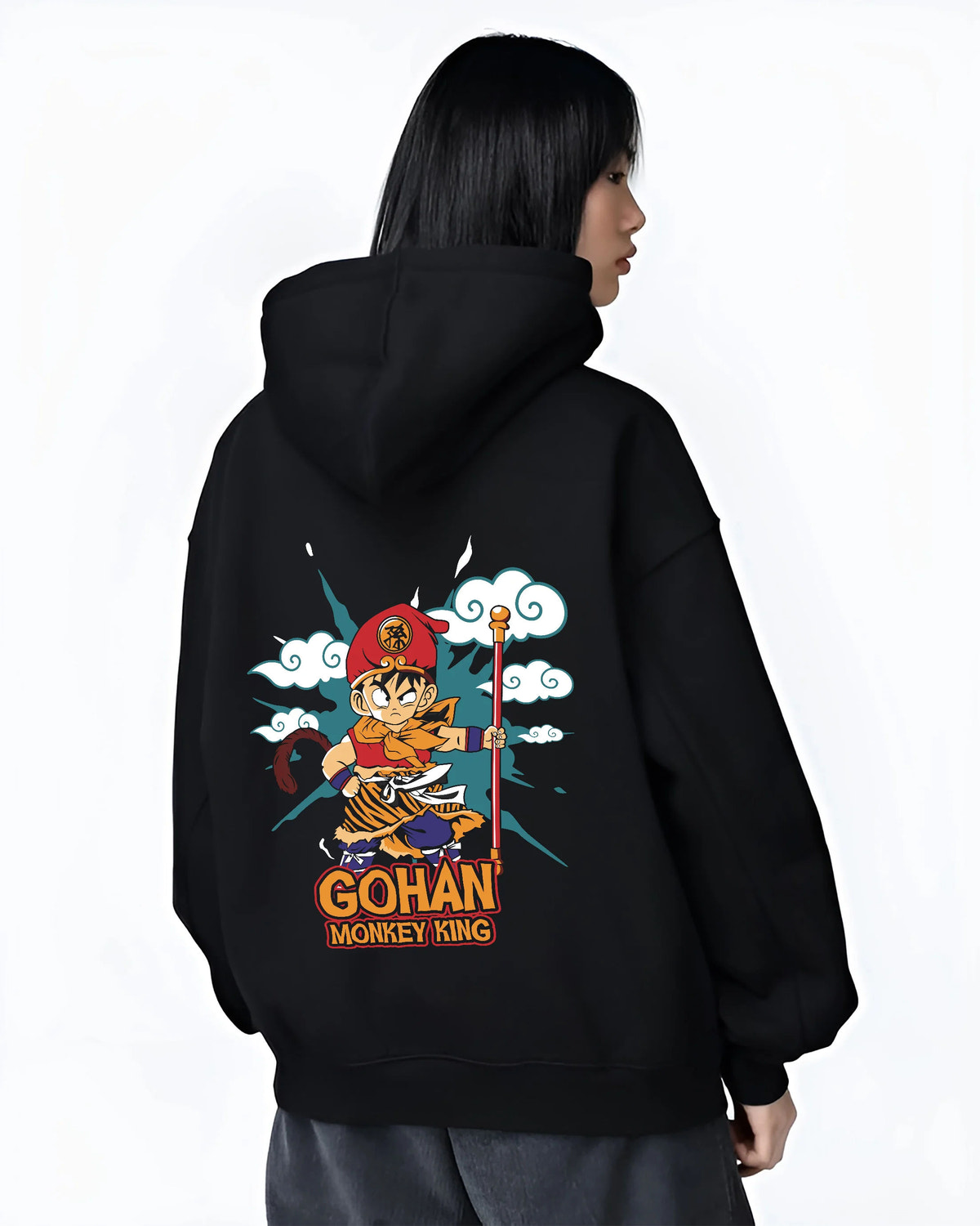 Black hoodie female model back view showing Young Gohan from Dragon Ball: Monkey King staff parody