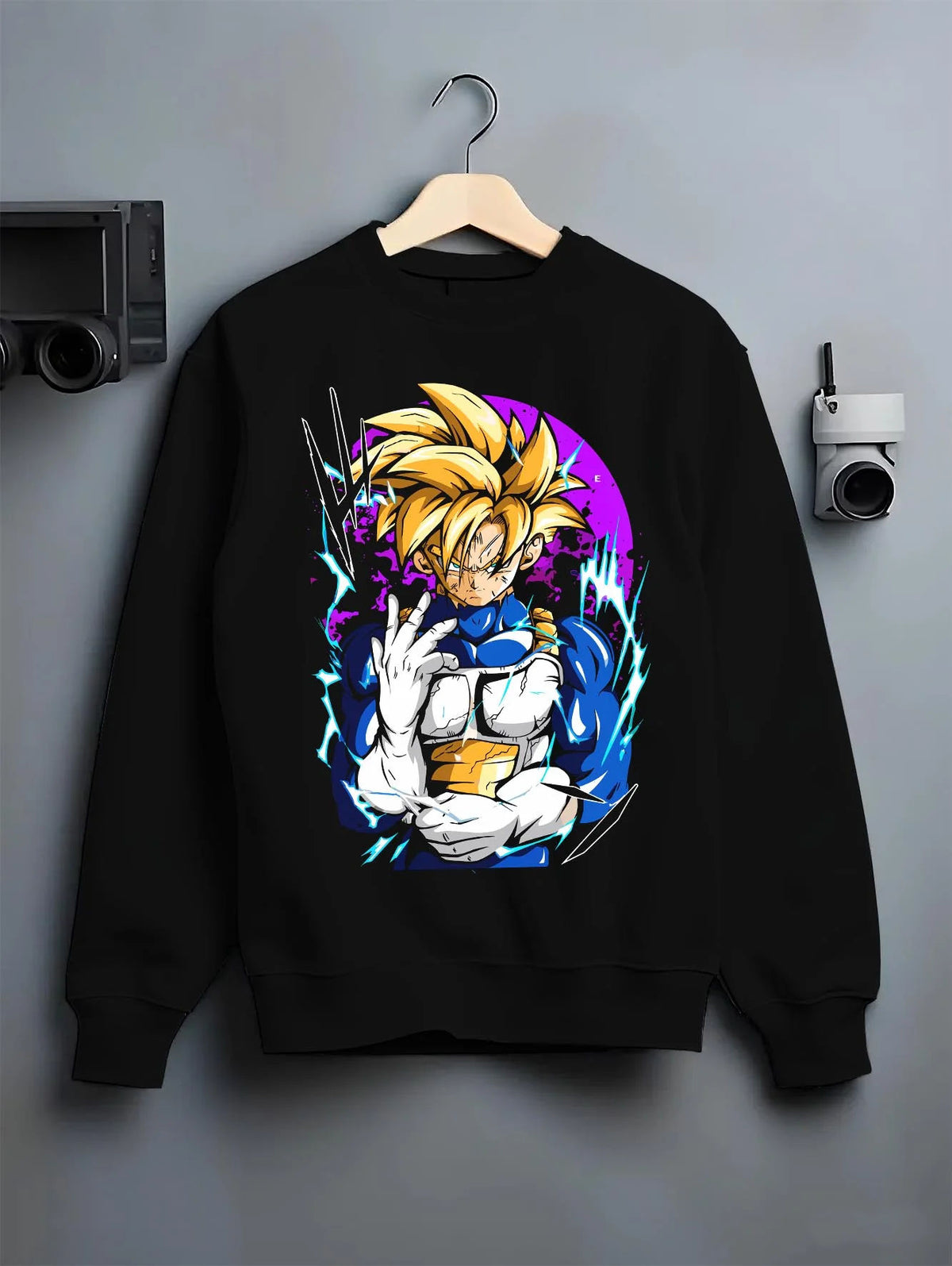 Black crewneck sweatshirt on hanger featuring Gohan Beast Dragon Ball ultimate power artwork.