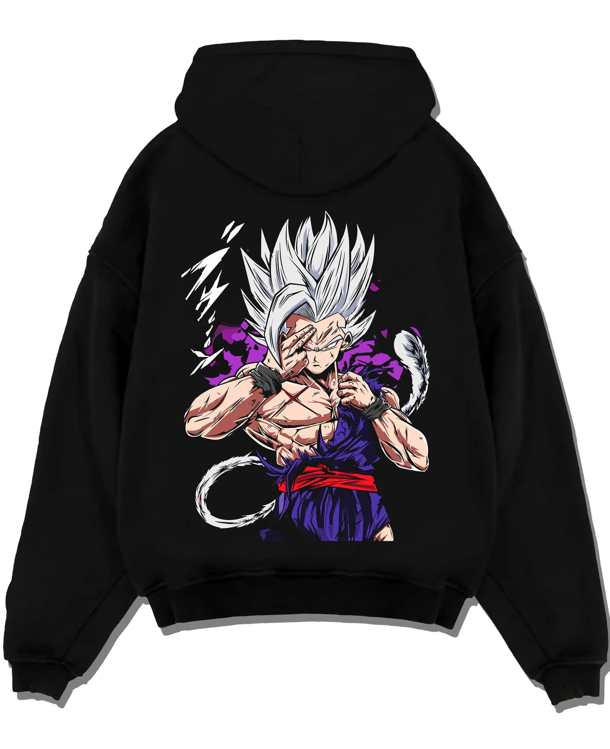 Black hoodie laid flat featuring Gohan Dragon Ball energy wave battle artwork.