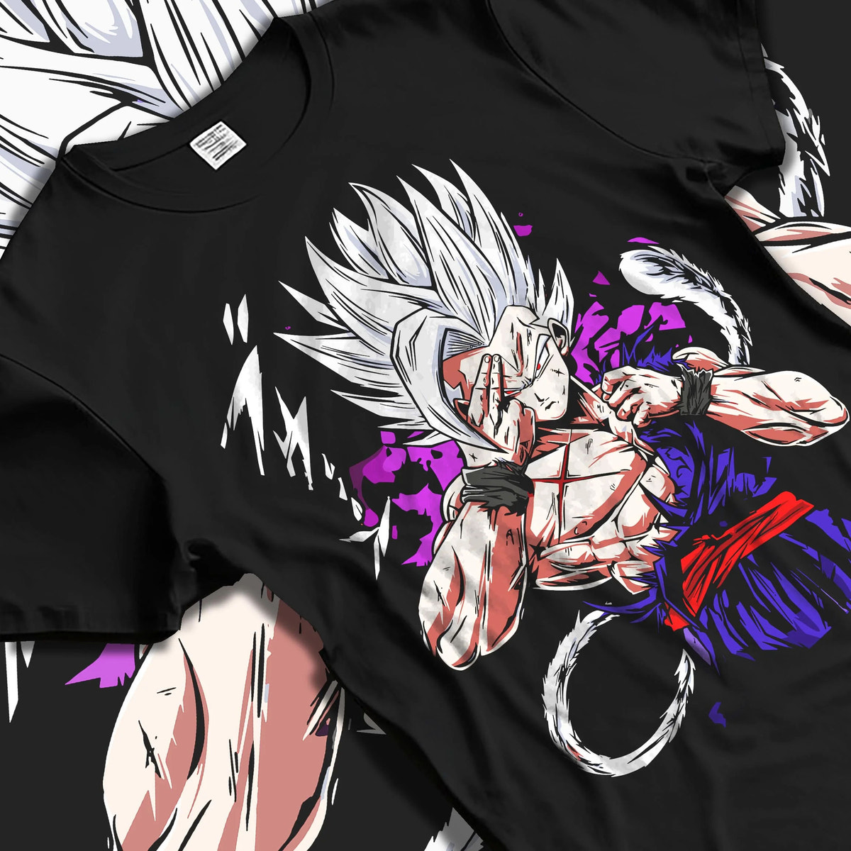 Black T-shirt laid flat with natural folds featuring Gohan Dragon Ball energy wave battle artwork.