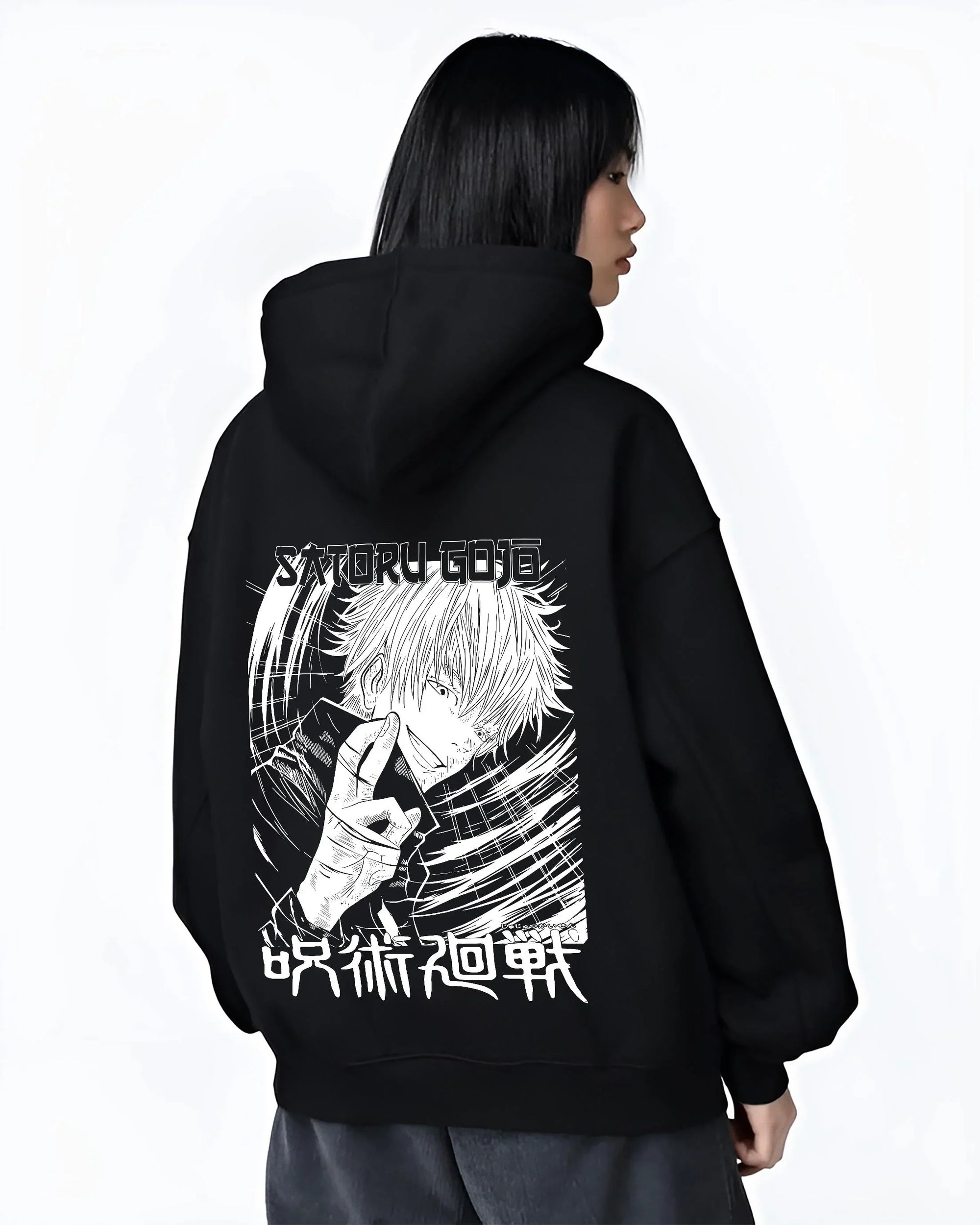 Black hoodie worn by female model, back view with Jujutsu Kaisen Hoodie Satoru Gojo Cool Pose Jumper graphic premium wear.