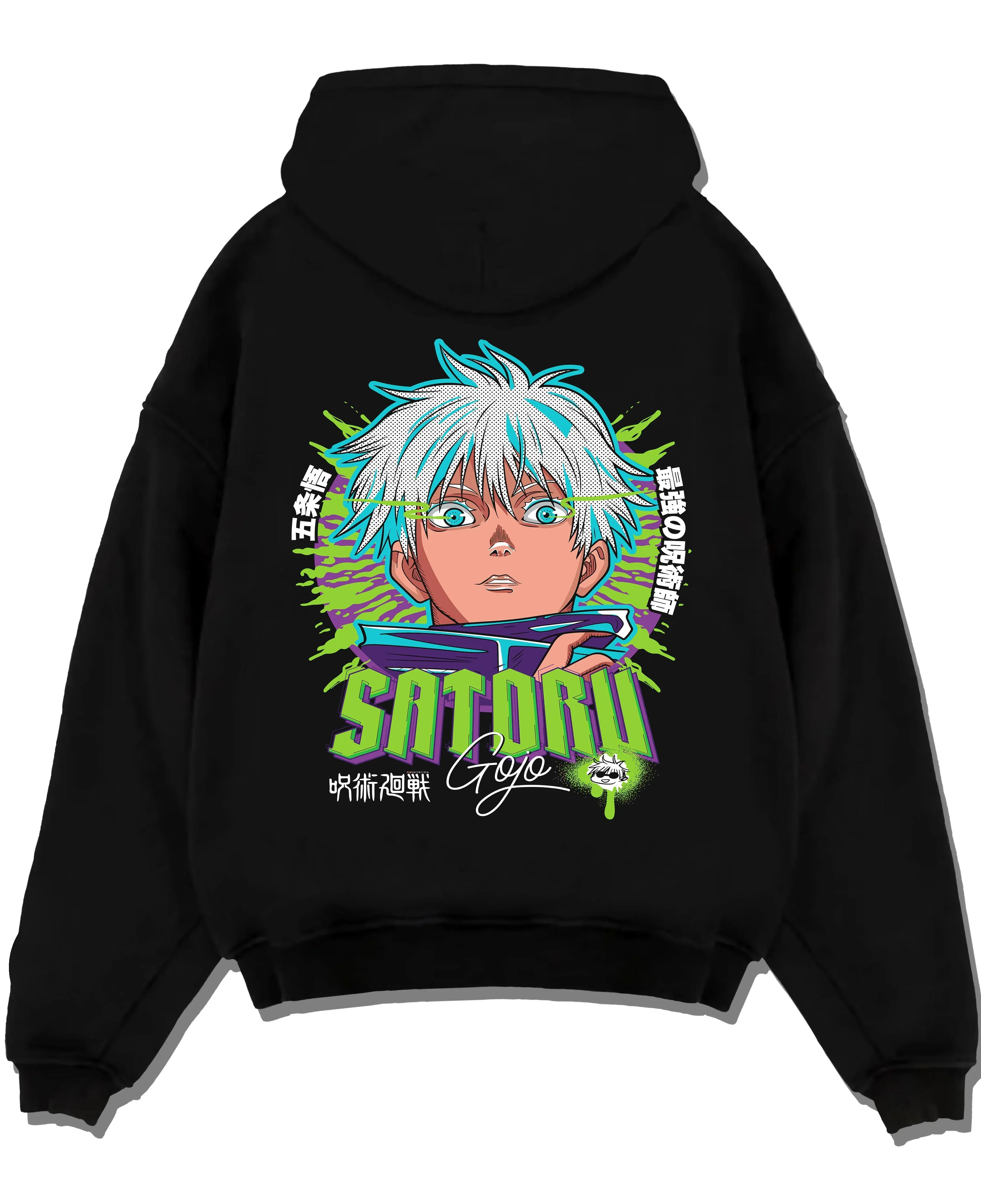 Black pullover hoodie laid flat with Jujutsu Kaisen Hoodie Satoru Gojo Green Aura Jumper graphic premium wear.