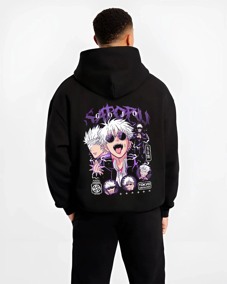 Black hoodie worn by male model, back view with Jujutsu Kaisen Hoodie Satoru Gojo Casual Outfit Jumper graphic premium wear.