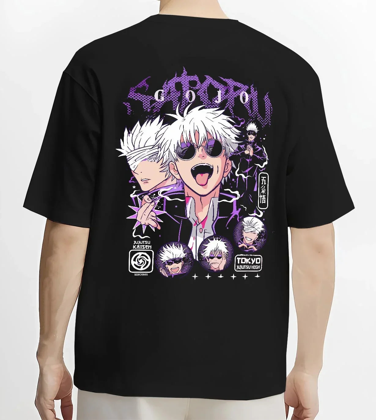 Black T-shirt worn by male model, back view with Jujutsu Kaisen Hoodie Satoru Gojo Casual Outfit Jumper graphic streetwear graphic.