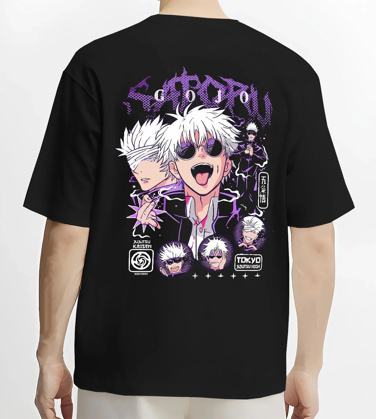 Black T-shirt worn by male model, back view with Jujutsu Kaisen Hoodie Satoru Gojo Casual Outfit Jumper graphic streetwear graphic.