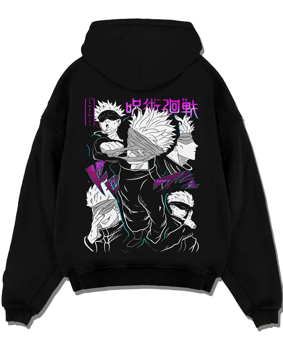 Black hoodie laid flat featuring Gojo Satoru blindfold cursed power artwork.