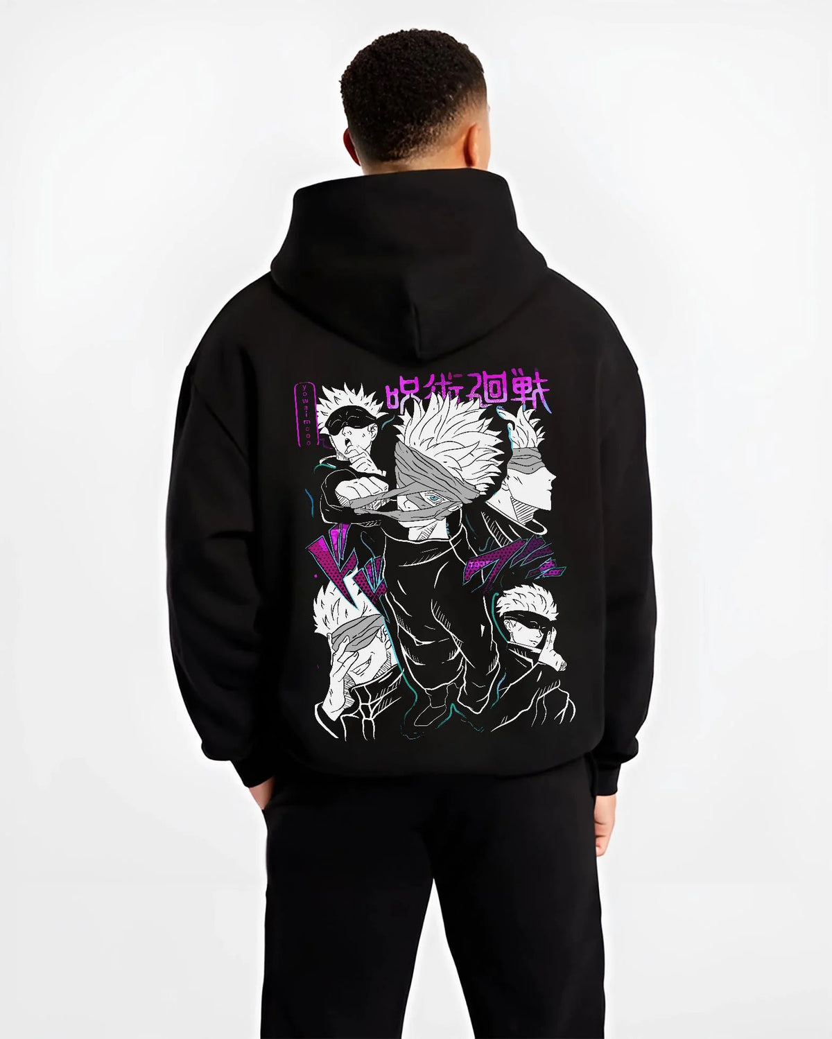 Black hoodie worn by male model from the back featuring Gojo Satoru blindfold cursed power artwork.