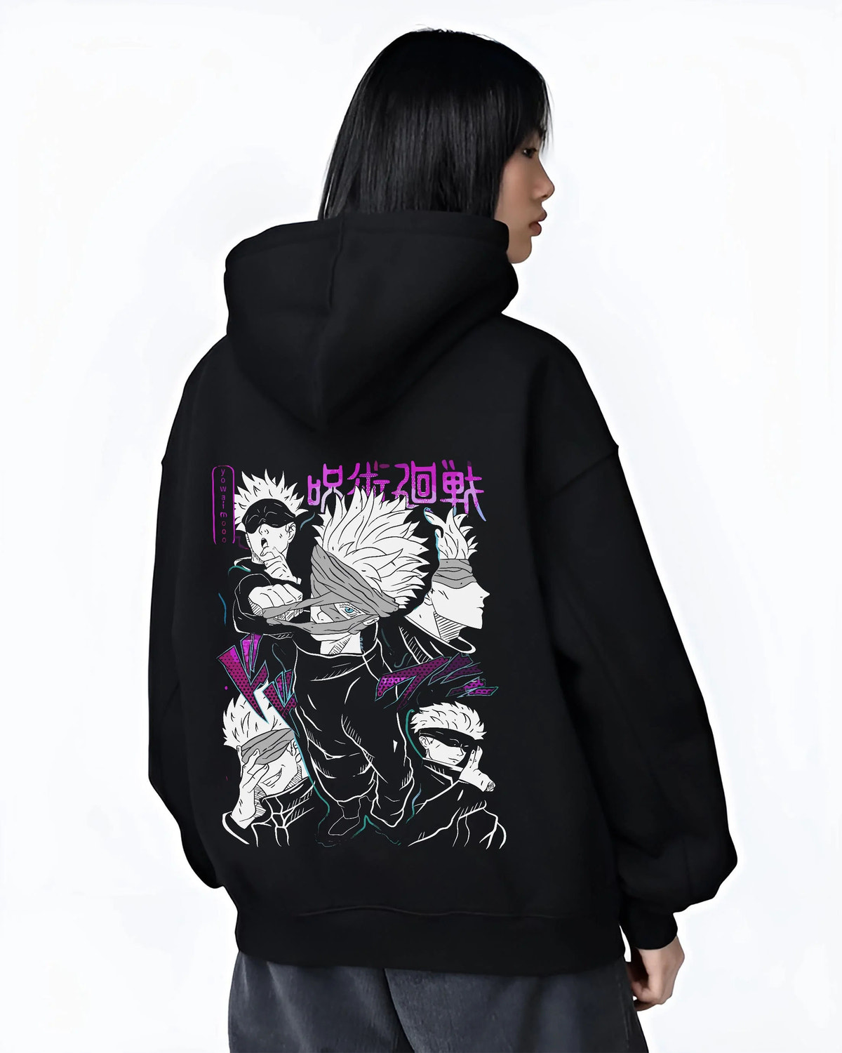 Black hoodie worn by female model from the back featuring Gojo Satoru blindfold cursed power artwork.