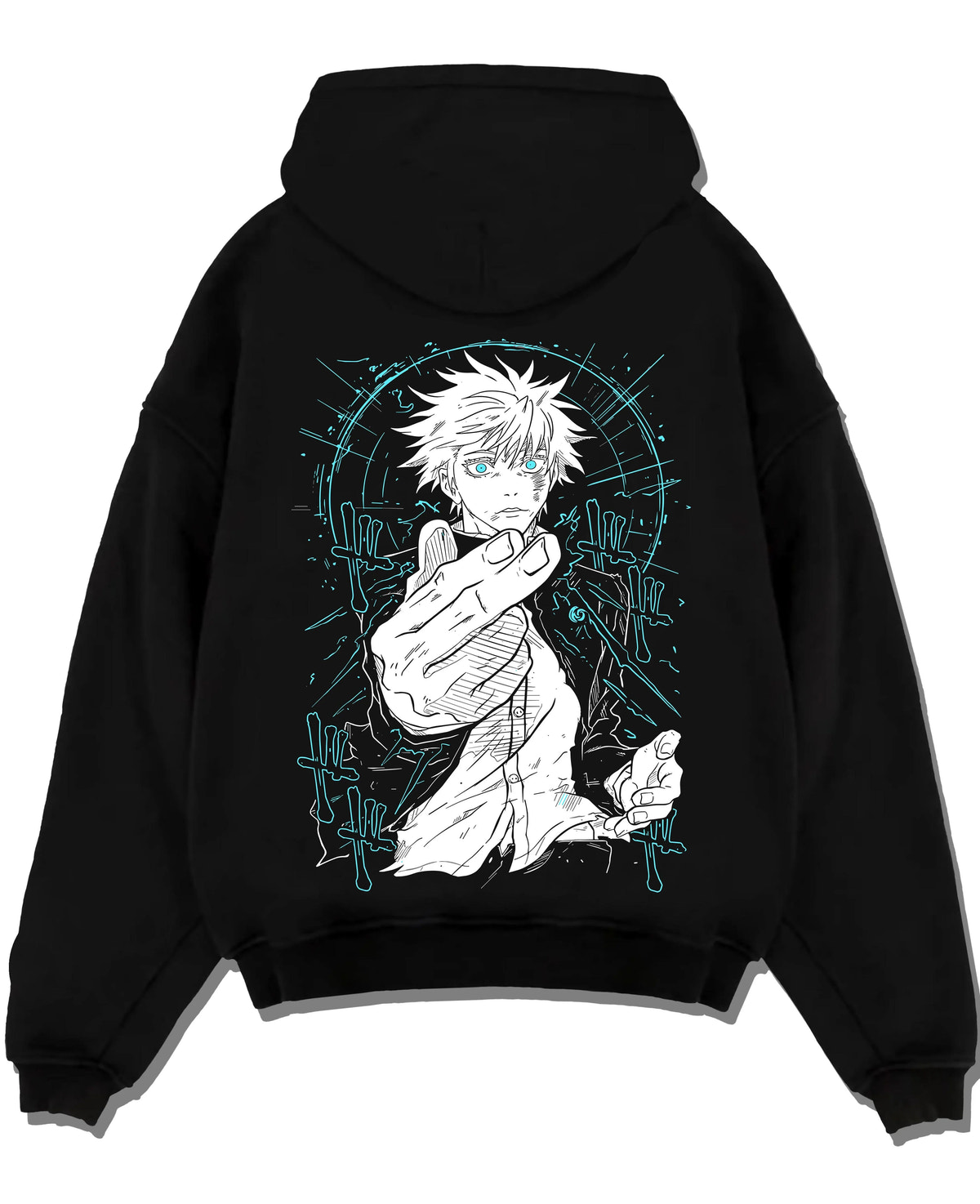 Black hoodie laid flat featuring Gojo Satoru Six Eyes blue energy artwork.
