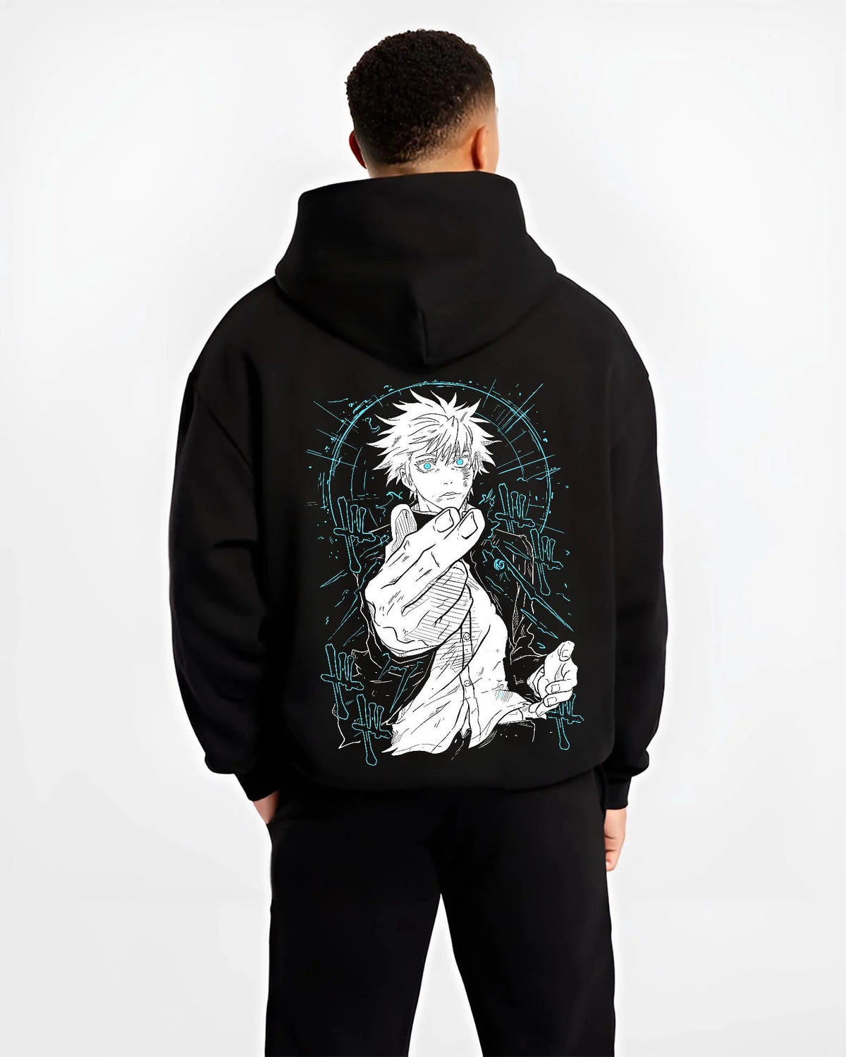 Black hoodie worn by male model from the back featuring Gojo Satoru Six Eyes blue energy artwork.