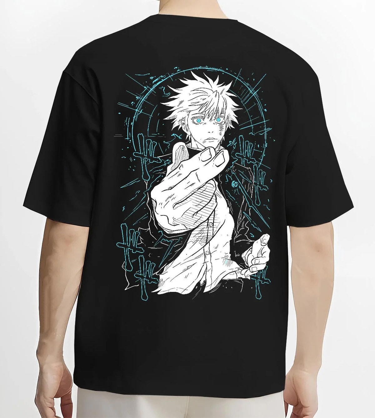 Black T-shirt worn by male model from the back featuring Gojo Satoru Six Eyes blue energy artwork.