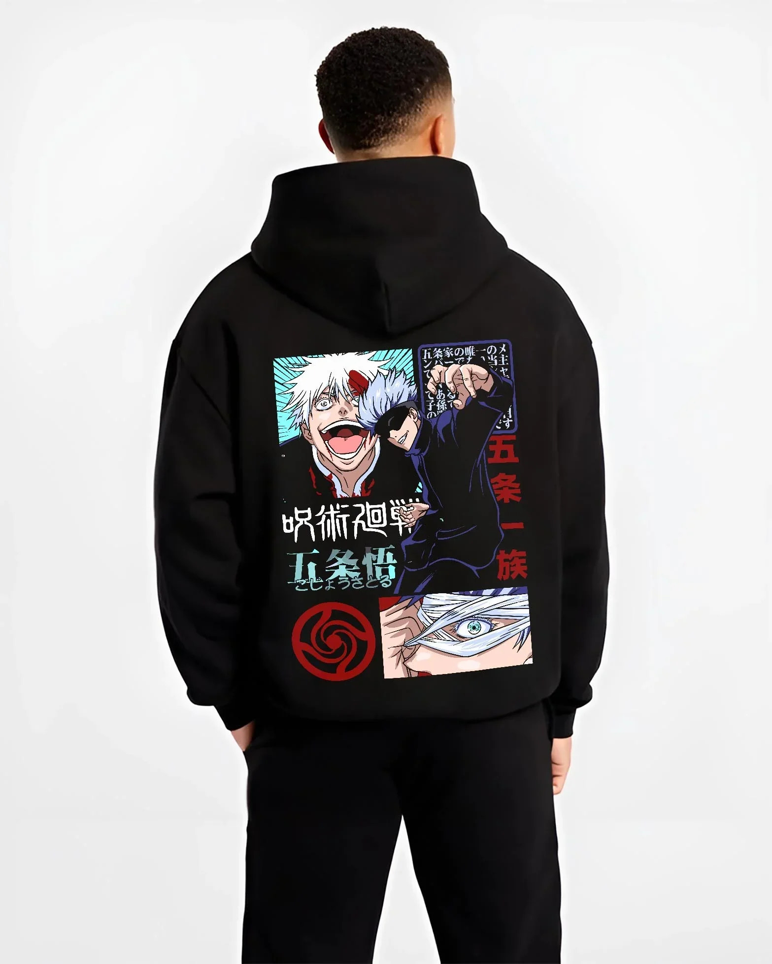 Black hoodie worn by male model, back view with Jujutsu Kaisen Hoodie Satoru Gojo Battle Mode Jumper graphic premium wear.