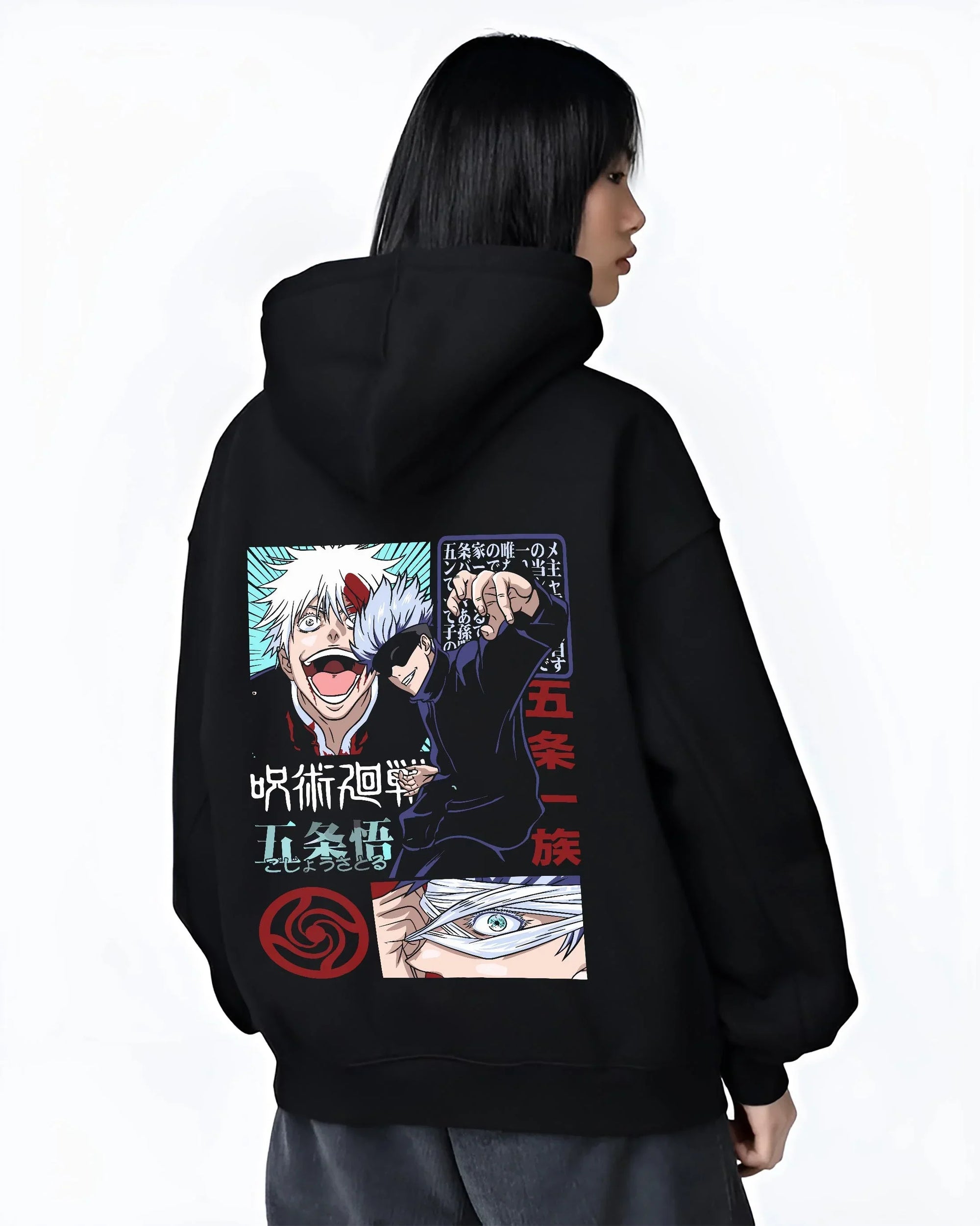 Black hoodie worn by female model, back view with Jujutsu Kaisen Hoodie Satoru Gojo Battle Mode Jumper graphic bold anime graphic.