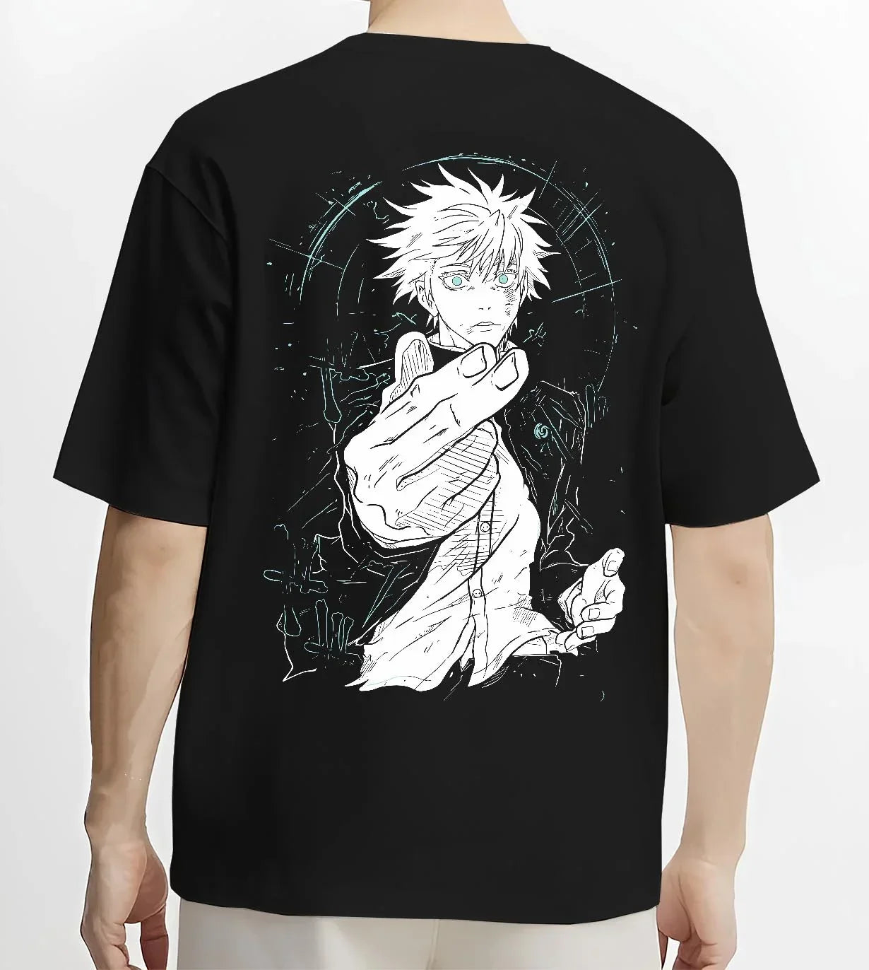 Black T-shirt worn by male model, back view with Jujutsu Kaisen Hoodie Satoru Gojo Dark Energy Jumper graphic bold anime graphic.
