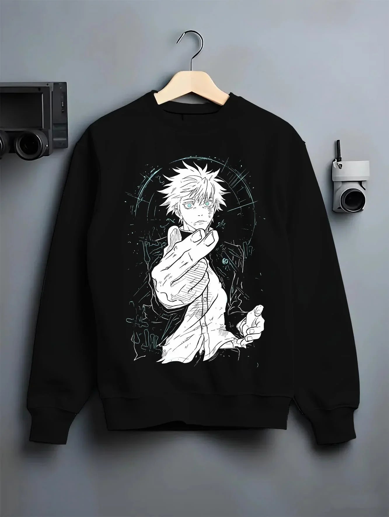 Black crewneck sweatshirt on hanger with Jujutsu Kaisen Hoodie Satoru Gojo Dark Energy Jumper graphic premium wear.
