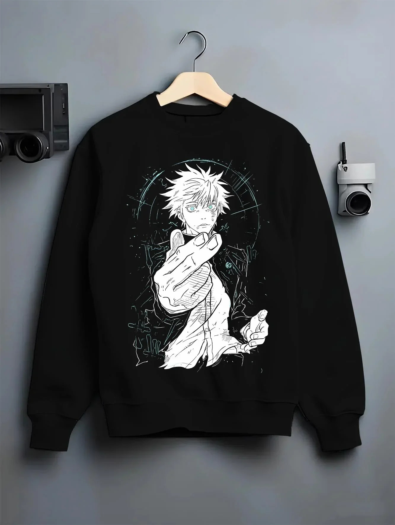 Black crewneck sweatshirt on hanger with Jujutsu Kaisen Hoodie Satoru Gojo Dark Energy Jumper graphic premium wear.