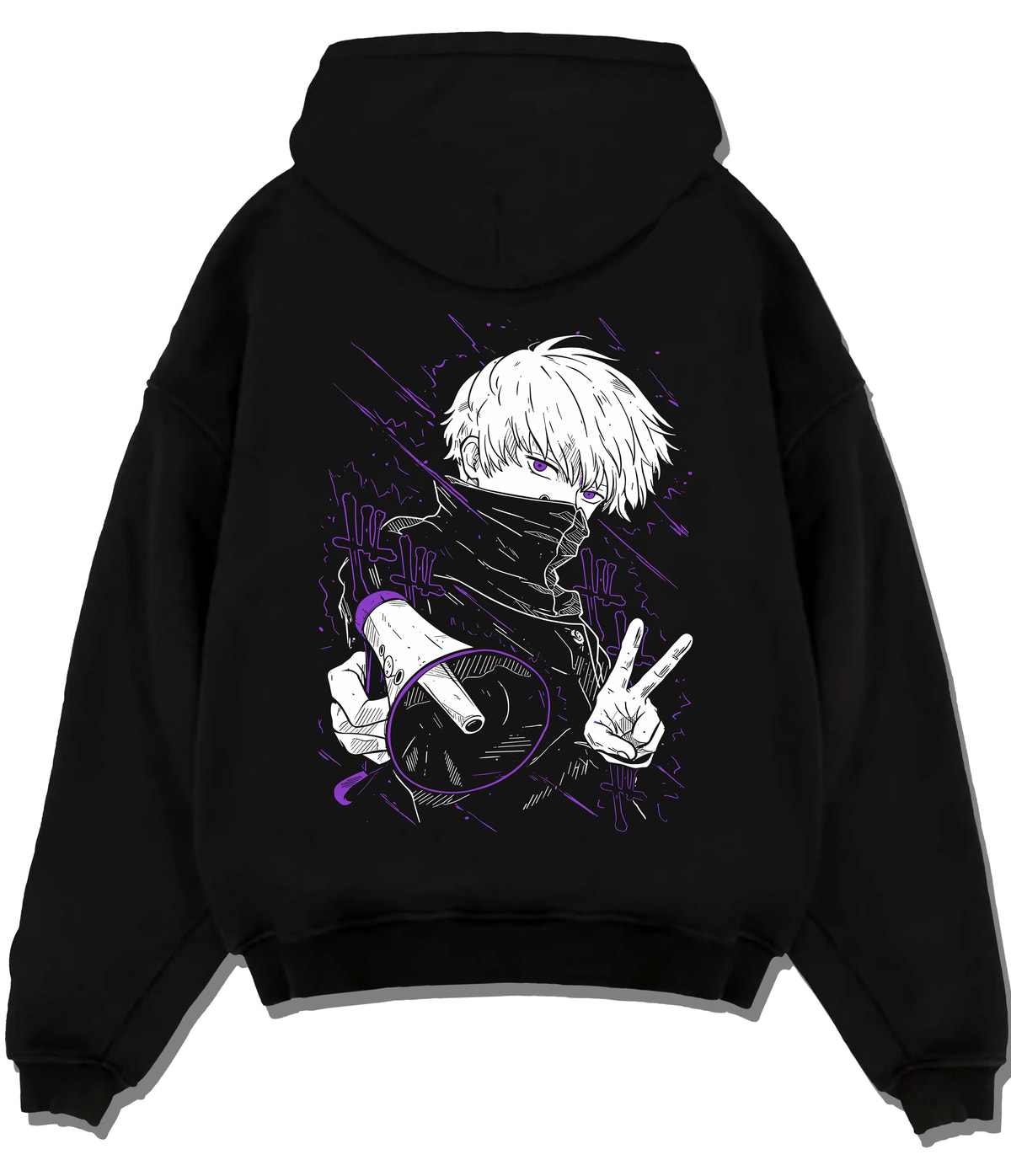 Black hoodie flat back view showing Satoru Gojo from Jujutsu Kaisen: blindfold high-collar pose