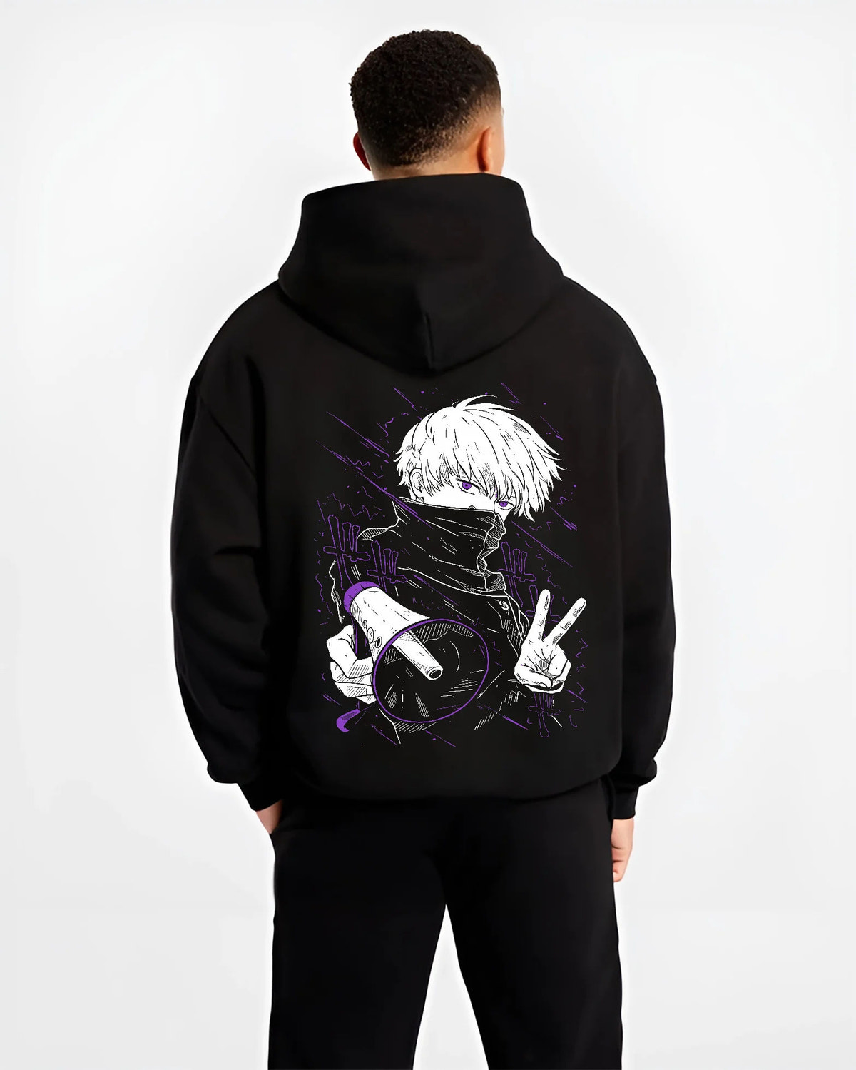 Black hoodie model back view showing Satoru Gojo from Jujutsu Kaisen: blindfold high-collar pose