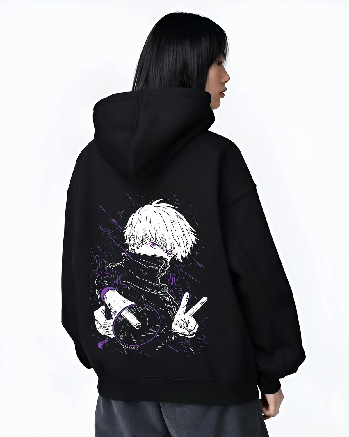 Black hoodie female model back view showing Satoru Gojo from Jujutsu Kaisen: blindfold high-collar pose