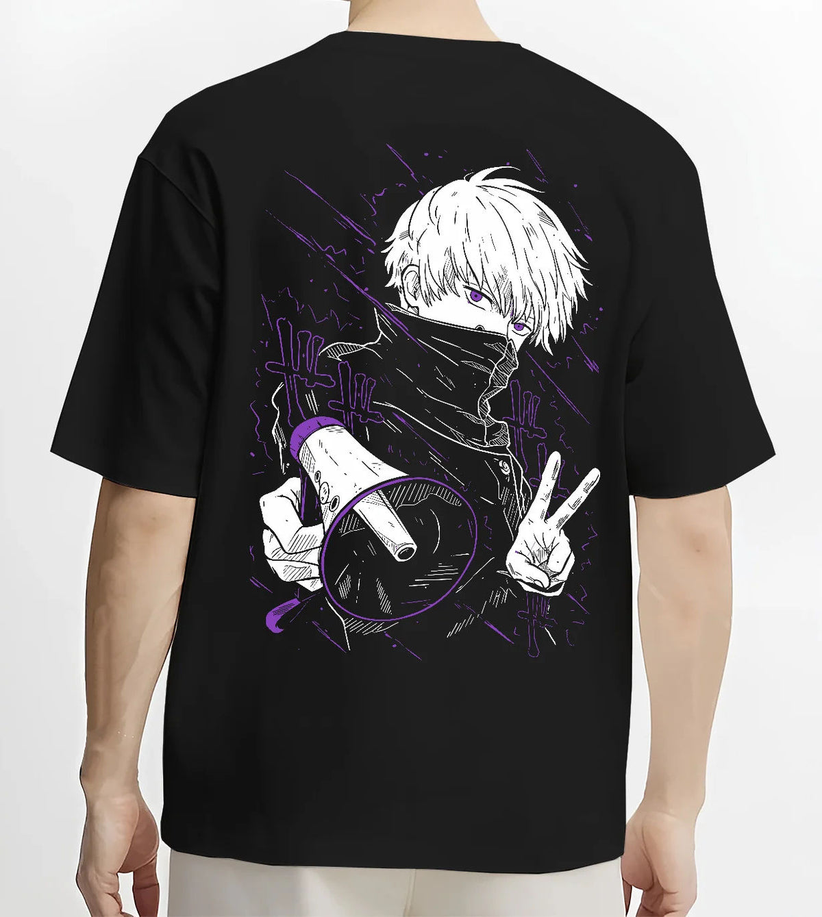 Black T-shirt model back view showing Satoru Gojo from Jujutsu Kaisen: blindfold high-collar pose