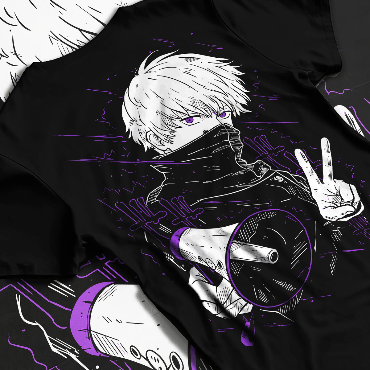 Black T-shirt flat back view showing Satoru Gojo from Jujutsu Kaisen: blindfold high-collar pose