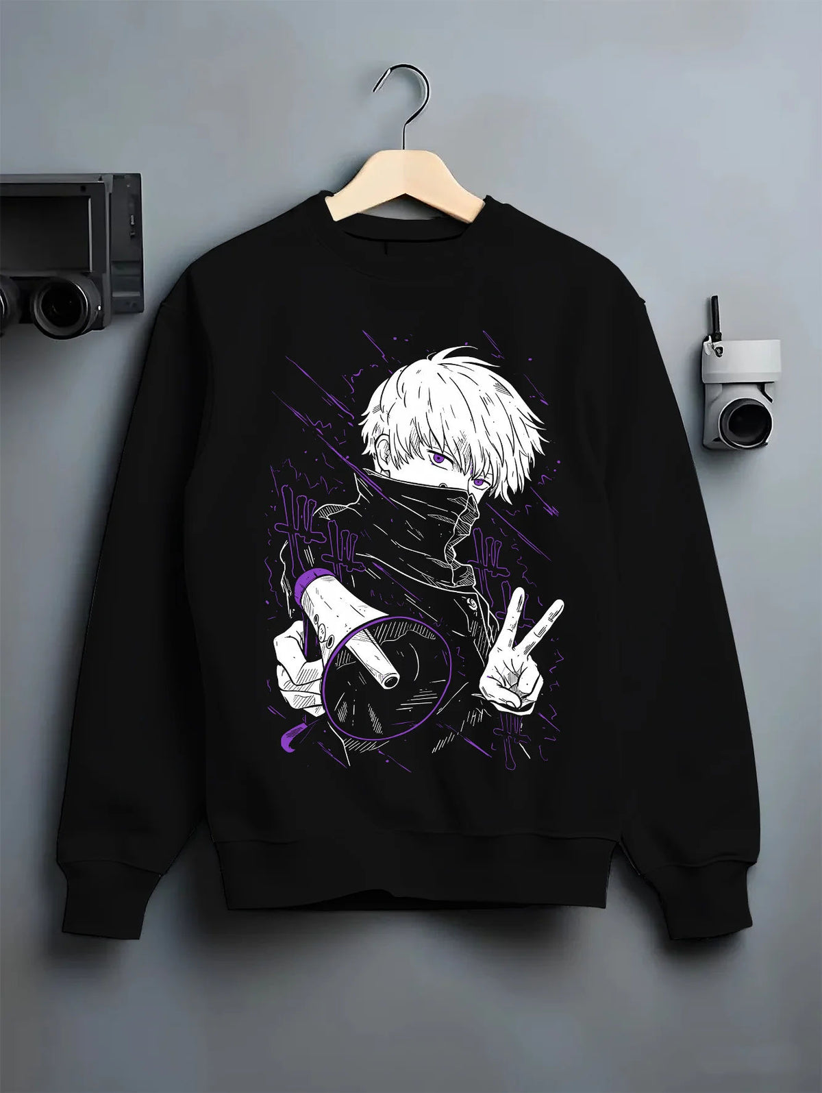 Black crewneck sweatshirt on hanger showing Satoru Gojo from Jujutsu Kaisen: blindfold high-collar pose