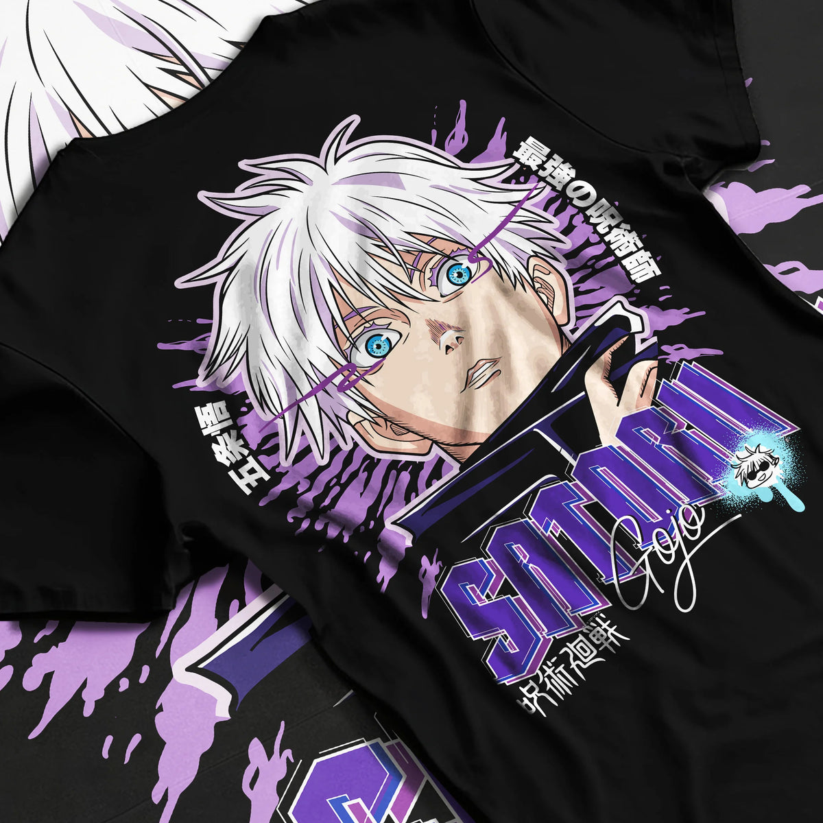 Black T-shirt flat back view showing Satoru Gojo from Jujutsu Kaisen: purple high-resolution portrait