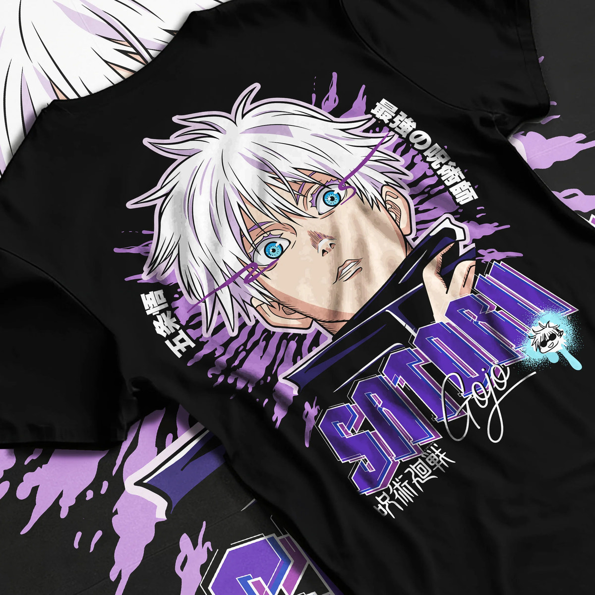 Black T-shirt flat back view showing Satoru Gojo from Jujutsu Kaisen: purple high-resolution portrait