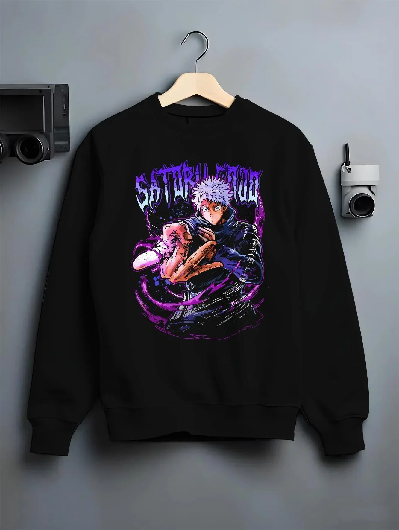 Black crewneck sweatshirt on hanger with Jujutsu Kaisen Hoodie Satoru Gojo Hero Pose Jumper graphic streetwear graphic.