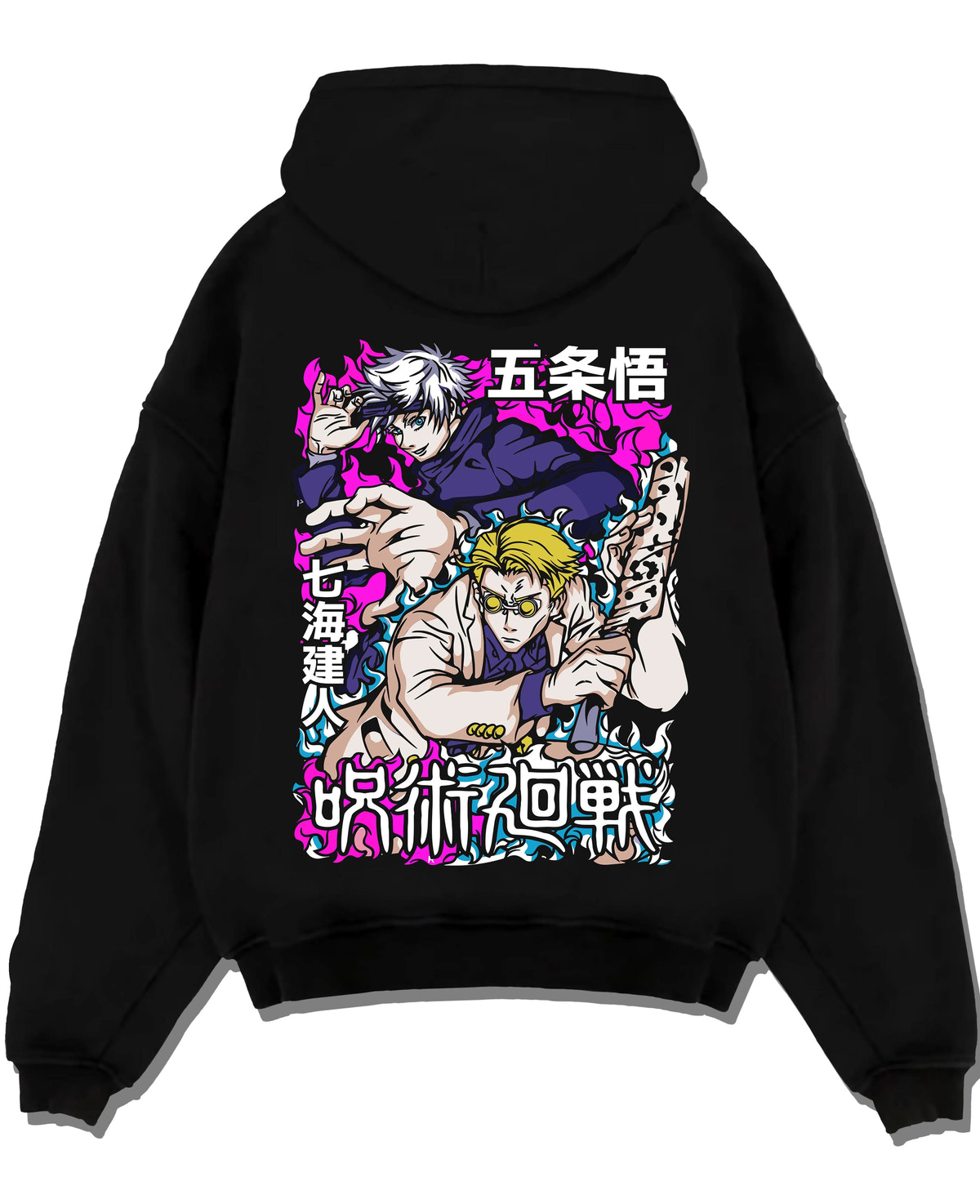 Black hoodie laid flat featuring Gojo and Nanami sorcerer duo artwork.