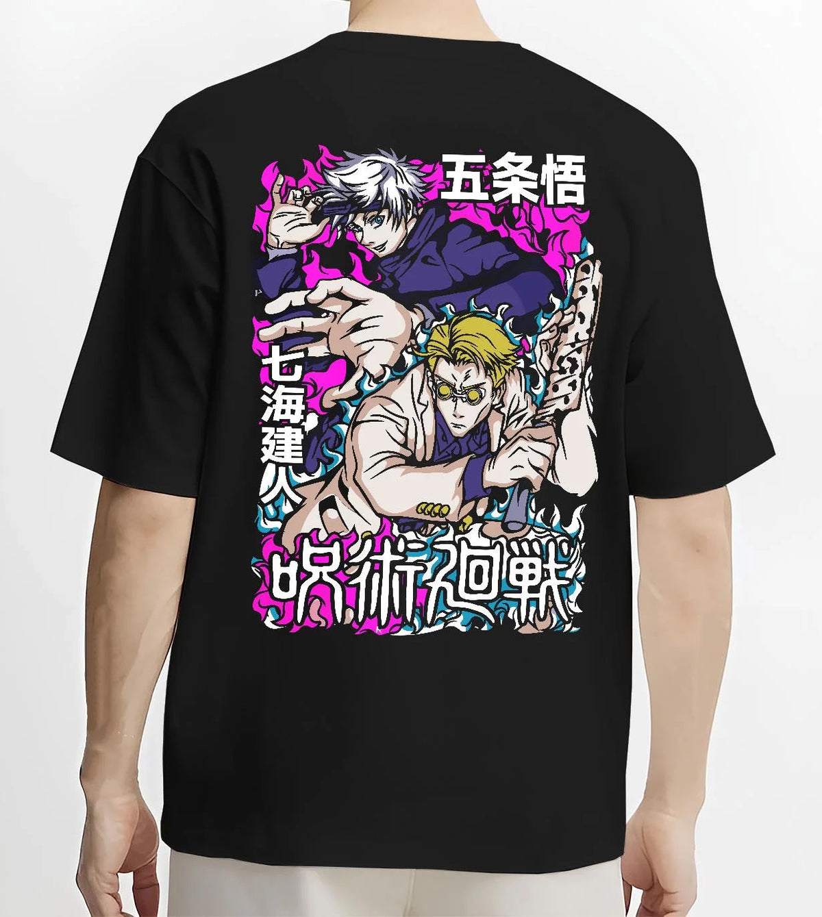 Black T-shirt worn by male model from the back featuring Gojo and Nanami sorcerer duo artwork.