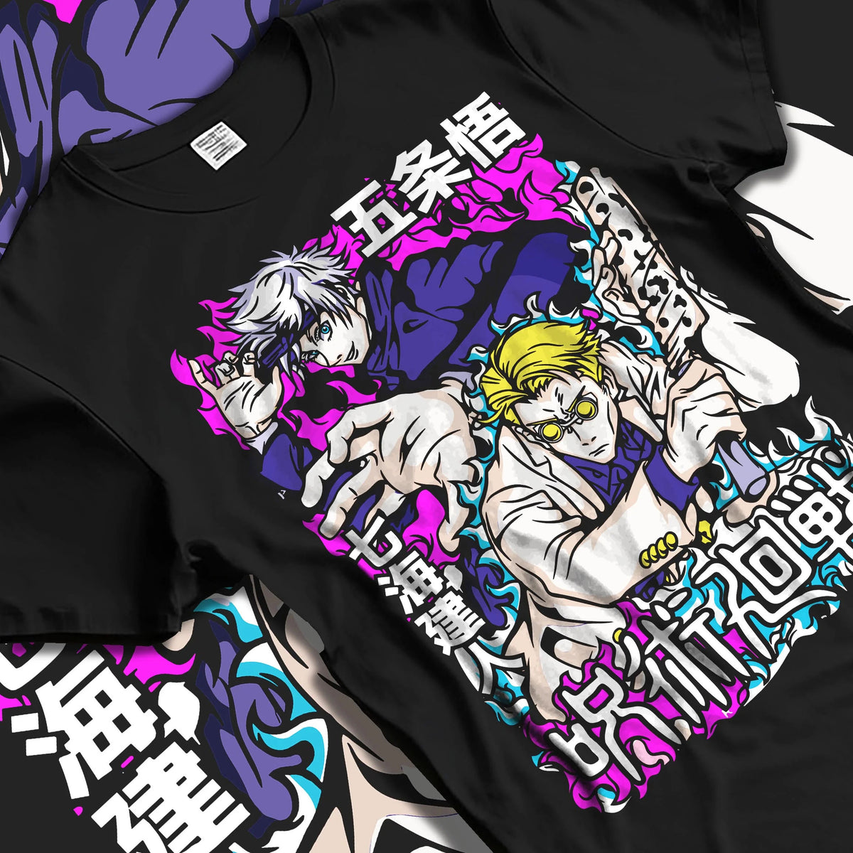 Black T-shirt laid flat with natural folds featuring Gojo and Nanami sorcerer duo artwork.