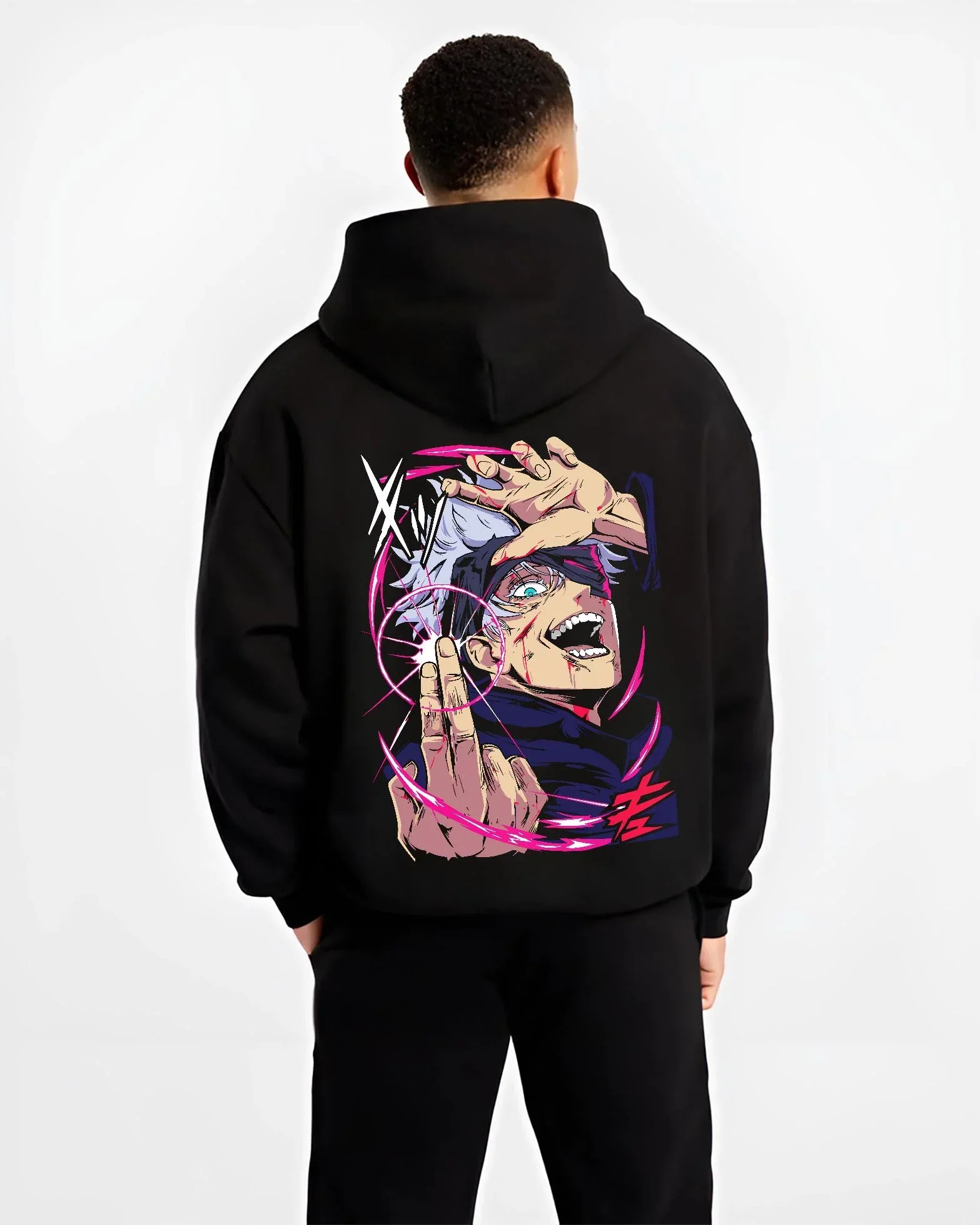 Black hoodie worn by male model, back view with Jujutsu Kaisen Hoodie Satoru Gojo Six Eyes Jumper graphic streetwear graphic.