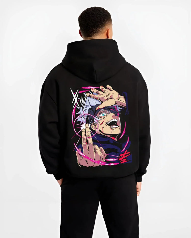 Black hoodie worn by male model, back view with Jujutsu Kaisen Hoodie Satoru Gojo Six Eyes Jumper graphic streetwear graphic.
