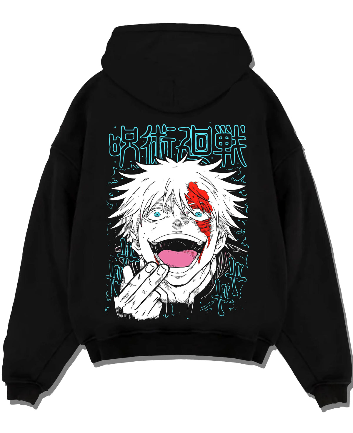 Black hoodie laid flat featuring Gojo Satoru scarlet face portrait artwork.