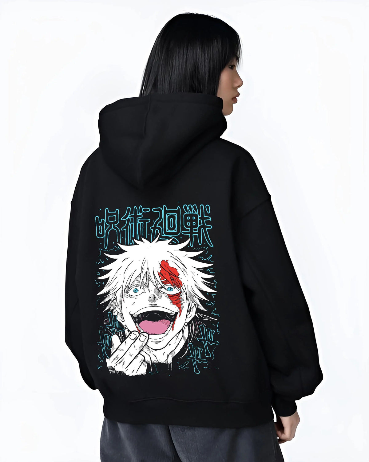 Black hoodie worn by female model from the back featuring Gojo Satoru scarlet face portrait artwork.