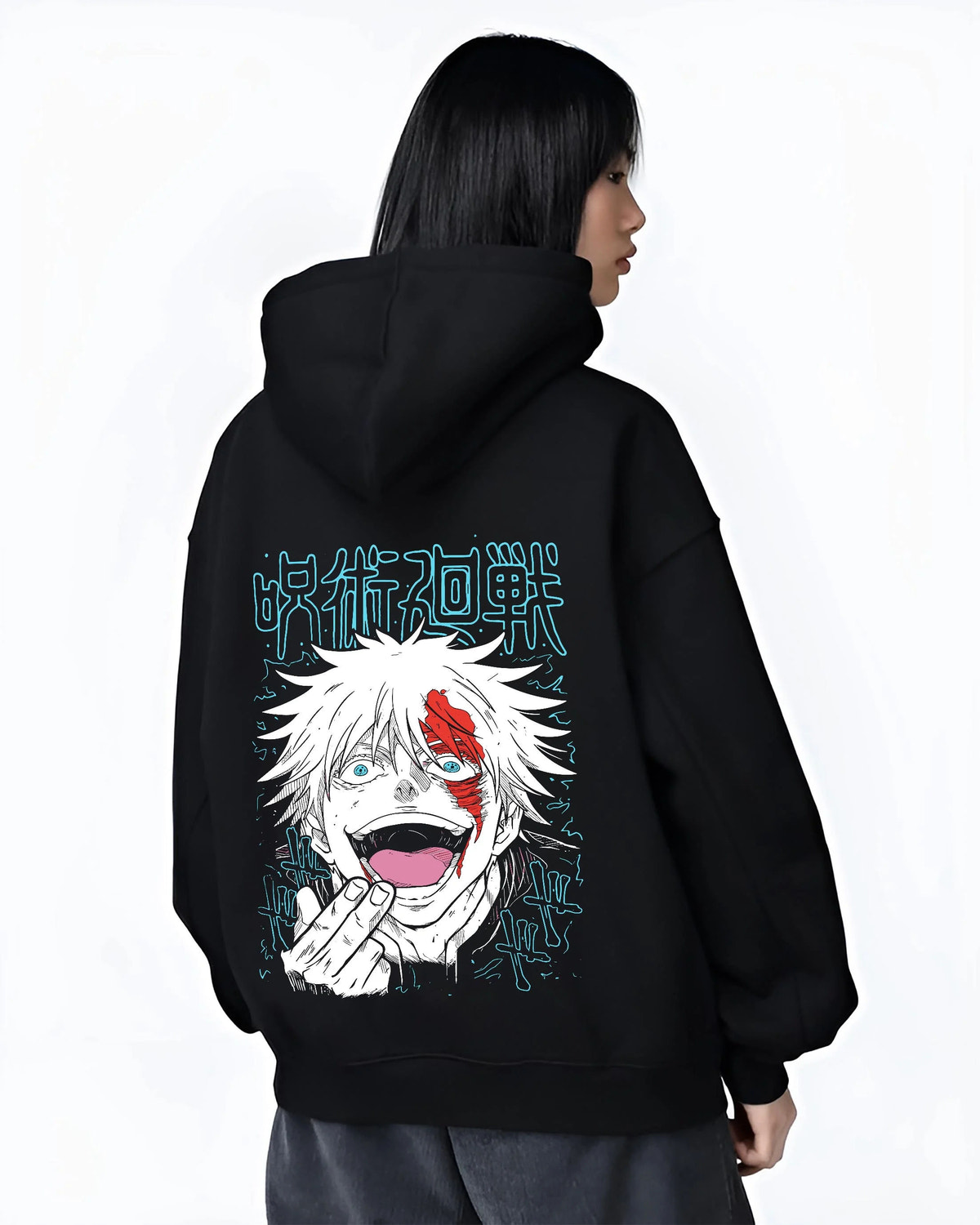 Black hoodie worn by female model from the back featuring Gojo Satoru scarlet face portrait artwork.