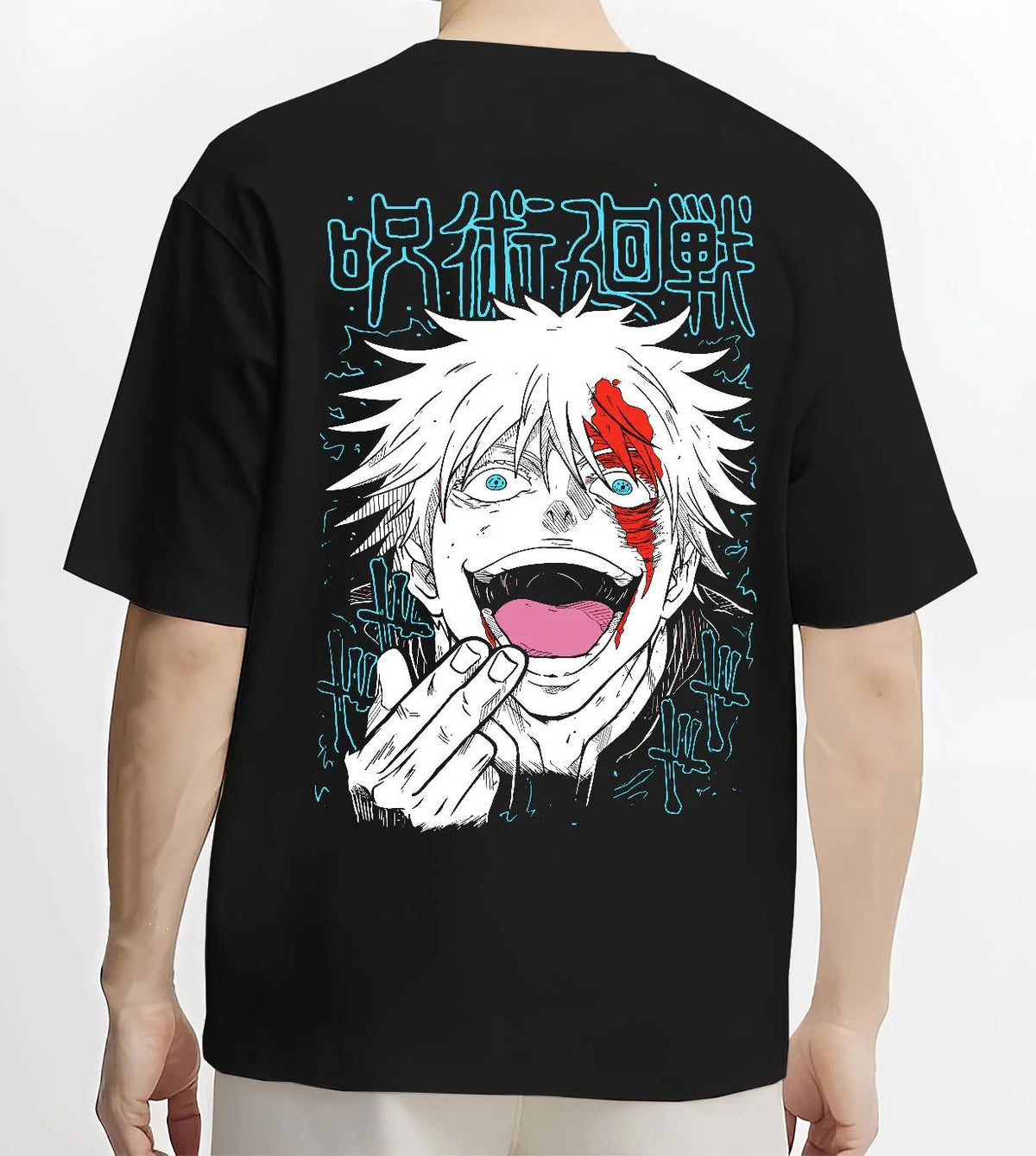 Black T-shirt worn by male model from the back featuring Gojo Satoru scarlet face portrait artwork.