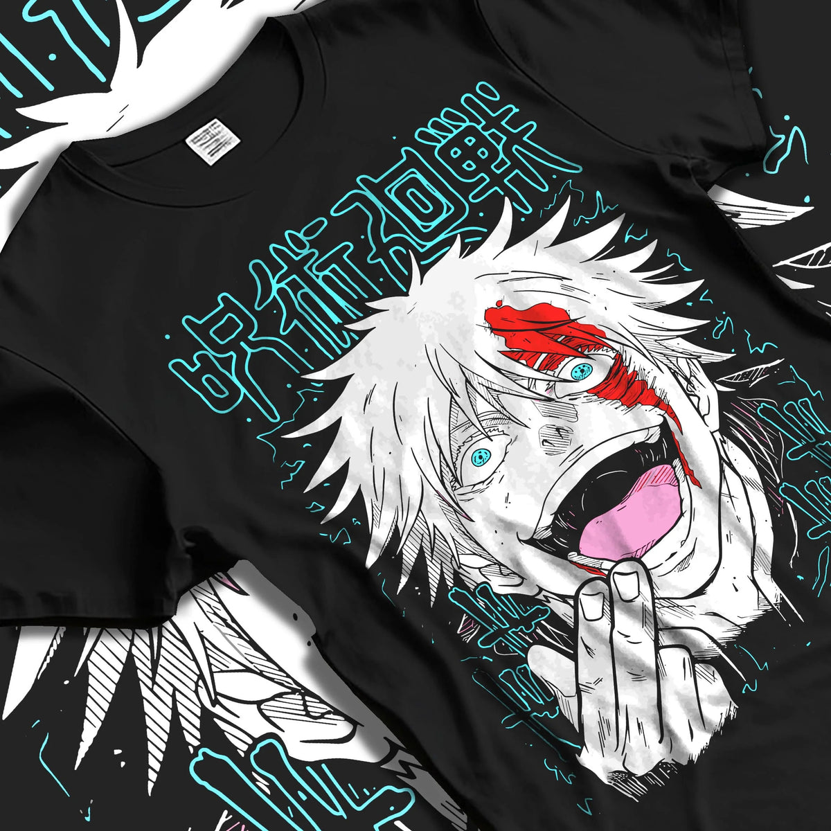 Black T-shirt laid flat with natural folds featuring Gojo Satoru scarlet face portrait artwork.