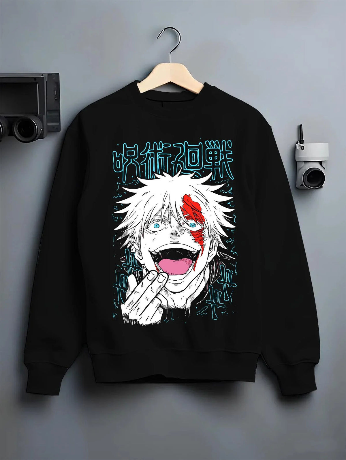 Black crewneck sweatshirt on hanger featuring Gojo Satoru scarlet face portrait artwork.