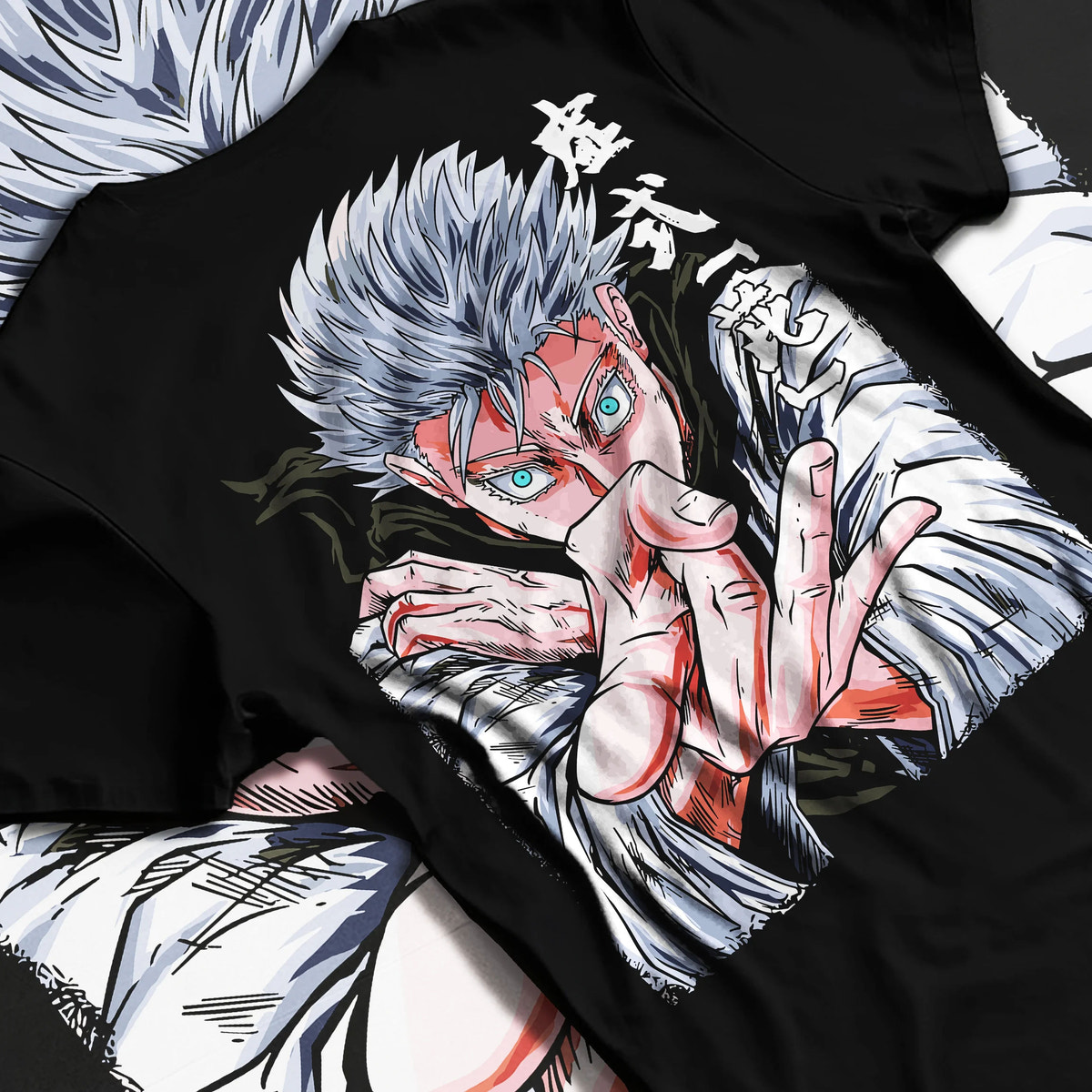 Black T-shirt flat back view showing white-haired Jujutsu Kaisen fighter: hand-sign portrait