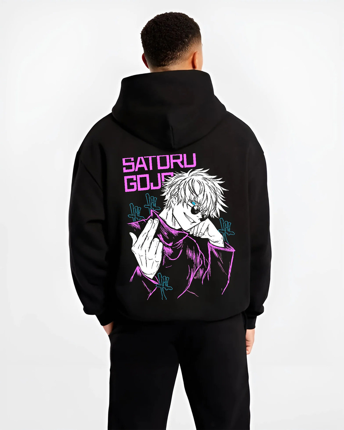Black hoodie model back view showing Satoru Gojo from Jujutsu Kaisen: purple line-art Six Eyes portrait