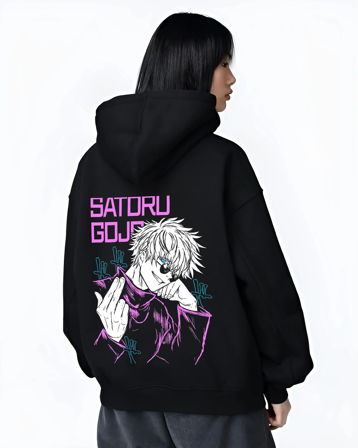 Black hoodie female model back view showing Satoru Gojo from Jujutsu Kaisen: purple line-art Six Eyes portrait