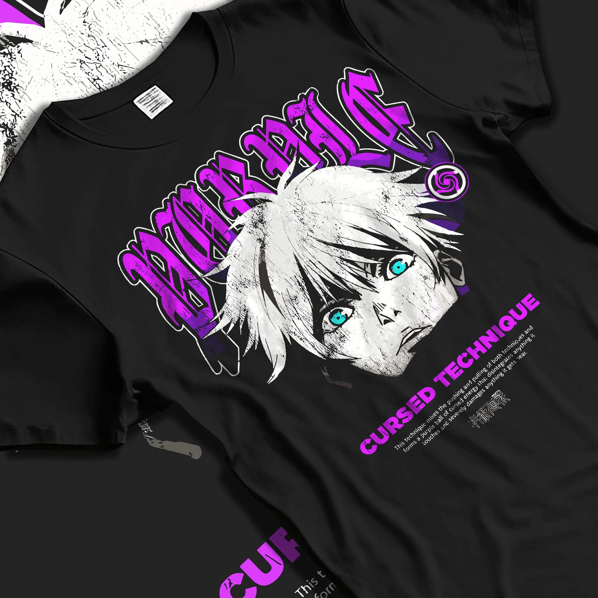 Black T-shirt laid flat with natural folds featuring Gojo Satoru cursed technique eyes artwork.