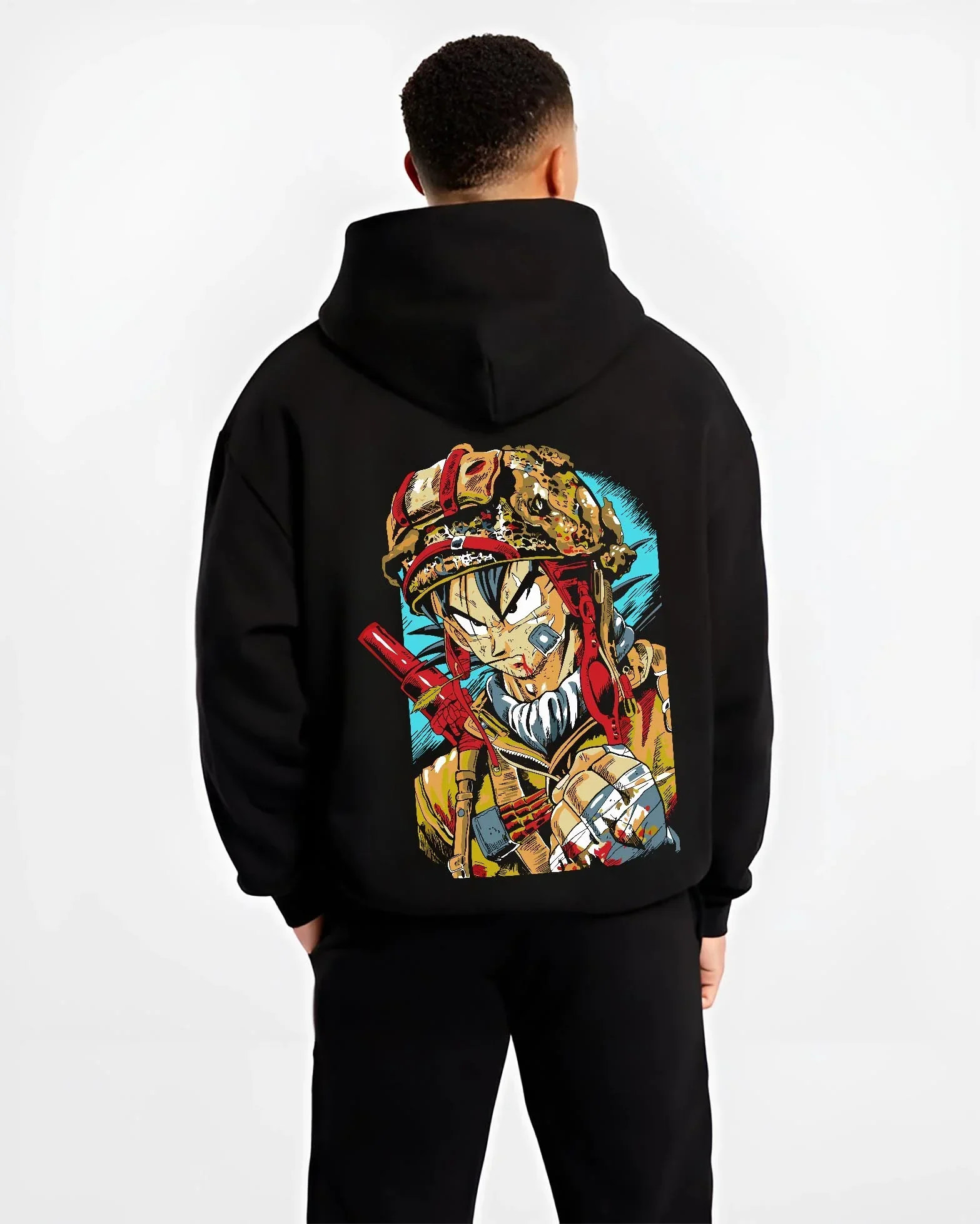 Black hoodie worn by male model, back view with Dragon Ball Z Hoodie Goku Army Battle Jumper graphic Goku anime design.