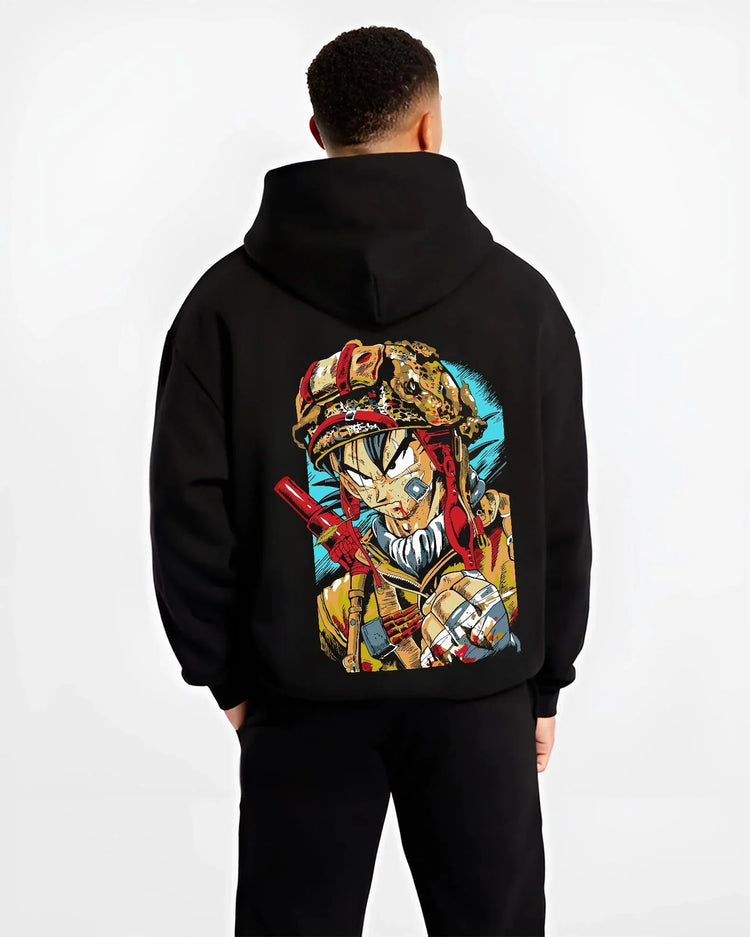 Black hoodie worn by male model, back view with Dragon Ball Z Hoodie Goku Army Battle Jumper graphic Goku anime design.