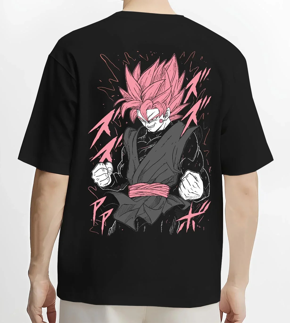 Black T-shirt worn by male model, back view with Dragon Ball Z Hoodie Goku Black Rage Jumper graphic streetwear graphic.